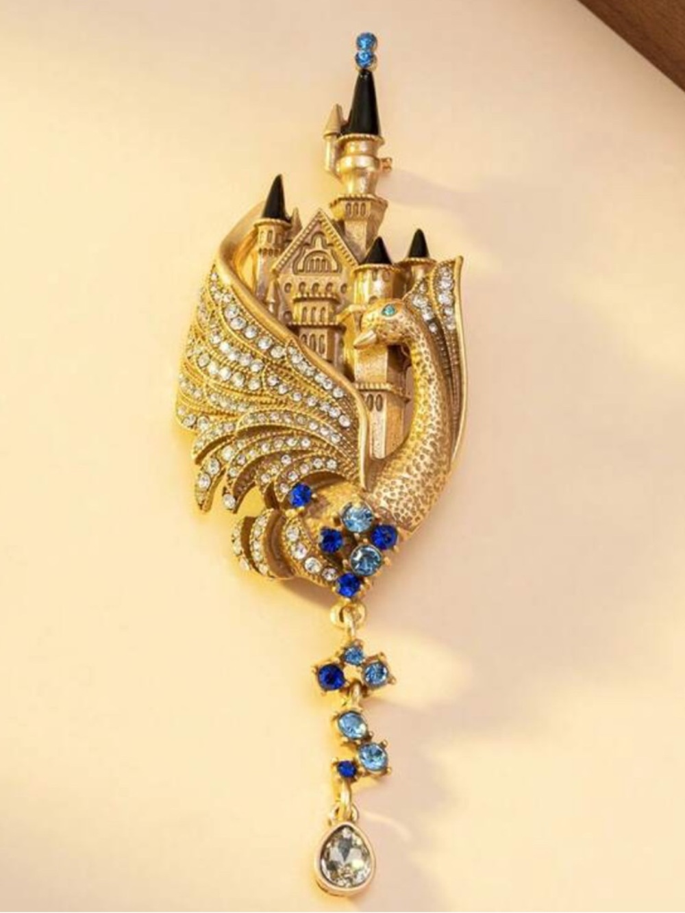 Gold and Blue Dragon Castle Pendant Brooch - Women Jewelry